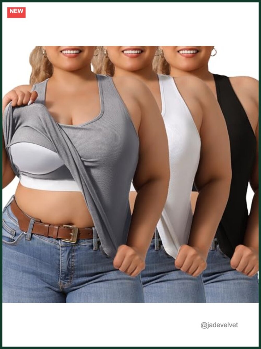 Plus Size Racerback Tank Tops 3 Pack Built in Bra Sleeveless Ribbed Knit